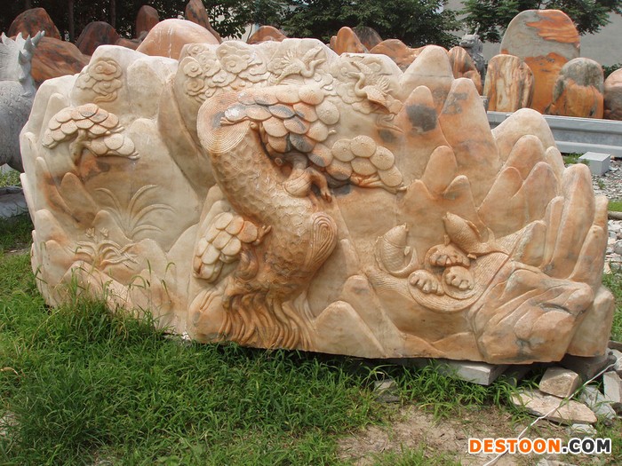 石雕浮雕植物松树锦鲤鲤鱼风景景观雕塑