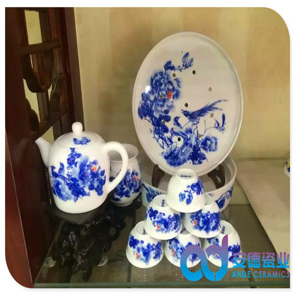 双层隔热套装陶瓷茶具，青花陶瓷茶具厂家定制批发