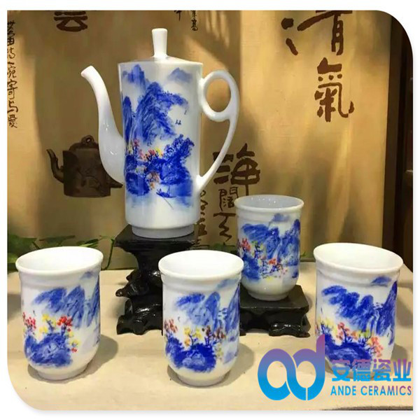 厂家活动陶瓷茶具套装，双层隔热陶瓷茶具套装，青花功夫茶具，大杯壶陶瓷茶具厂家定制批发