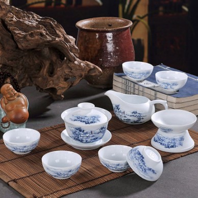 景德镇陶瓷骨瓷茶具套装 9头青花薄胎山水功夫茶具套装